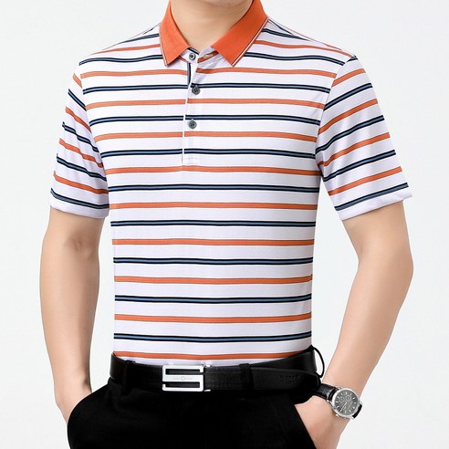 DFMEI 여름 뽕나무 실크 반팔 티셔츠 남성 옷깃 얇은 줄무늬 중년 반팔 비즈니스 캐주얼웨어