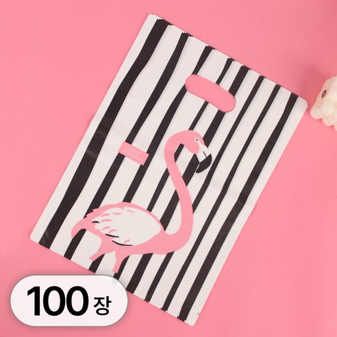 투데이리빙 100장 세트 구디백 손잡이 선물 봉투 비닐 보자기 간식 포장 꾸러미 단체 행사 답례품 생일 이벤트 기프트백 캐릭터 포장지, R98556C(플라밍고, 100개