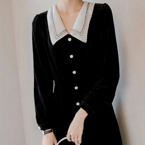 Mao이른 가을 긴팔 드레스 새로운 프랑스 스타일 복고풍 인형 칼라 작은 검은 드레스 허리 Fishtail 드레스