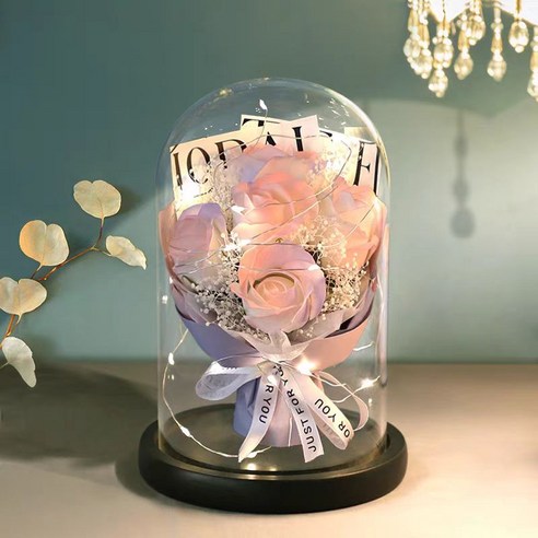 장미 꽃다발 LED 무드등 유리 덮개 장식품 시들지 않는 꽃 조화 꽃다발, 1개, 연핑크 로즈B12x20cm