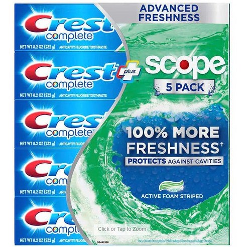 [미국]크레스트 컴플리트+ 스코프 어드밴스 치약 5팩/Crest Complete + Scope Advanced Active Foam Toothpaste 8.2 oz 5-pack, 232g, 5개