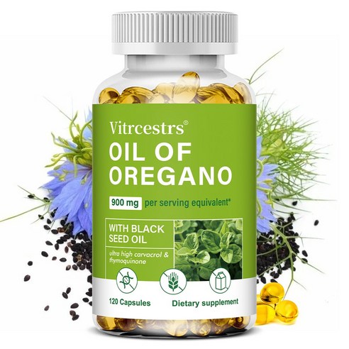 오레가노 소프트캡슐 900mg, 블랙씨오일 50mg, non-GMO 식물성 카바크롤과 티몰 함유, 2개, 120정