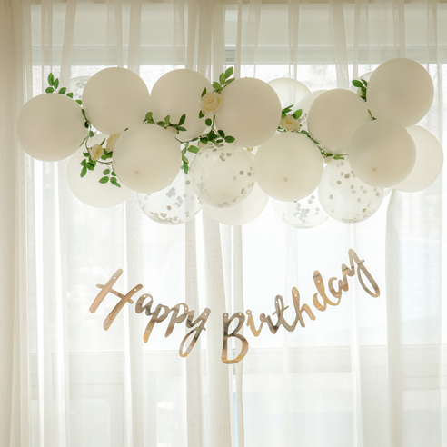 파티레시피 생일풍선 생일파티 용품 세트 풍선 24개 장미가랜드 고리마운트 3개 스트랩 제작설명서, 펄 화이트, 1세트