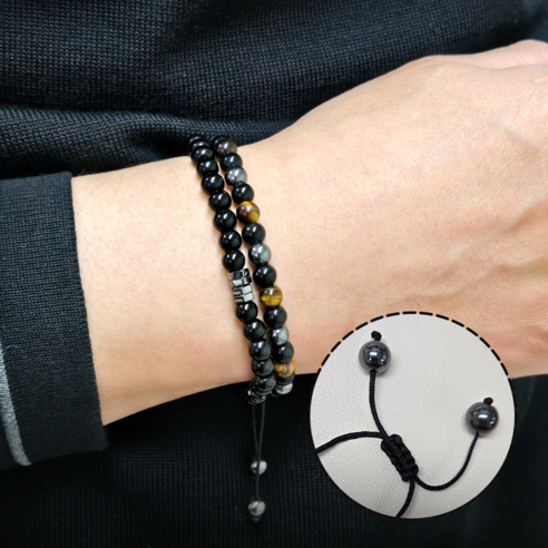 행운과 기운을 담은 SpeedMong 흑요석 & 호안석 염주 팔찌 세트