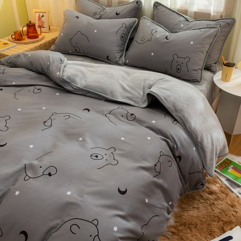 Ganzheng순면 코랄 코랄 이불 커버 싱글 가을 겨울 ab면 전면 기모 플란넬 이불 커버 겨울 코코아 곰 이불 커버 싱글 Xcm, 잔망-핑크