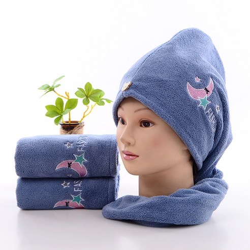 ZZJJC 드라이캡 물빨래 좋은 샤워캡 샴푸 빨리마르기 자수타월가방녀 긴머리 두툼하게 두건 닦기, 달, 36*68cm