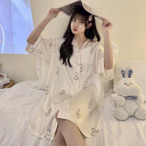 로리돌스 오버핏 셔츠형 잠옷. 토끼 실크 원피스 반팔 홈웨어 여름 여성 파자마