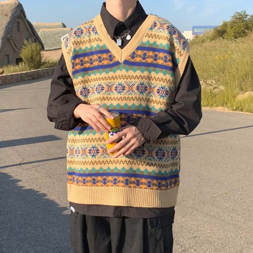 DFMEI 일본식 레트로 니트 조끼 남자 패션 브랜드 민족 스타일 느슨한 유행 잘 생긴 조끼 아우터 V 넥 스웨터 조끼