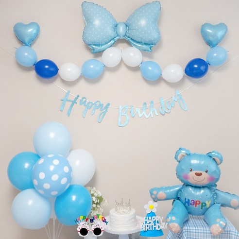 연지마켓 생일풍선 생일파티용품 리본풍선 세트, 블루 곰돌이 세트
