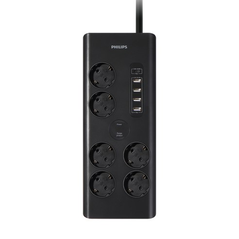 필립스 프리미엄 USB A to C 멀티탭 6구 8구 블랙 서지보호 낙뢰 과부하차단, 서지보호 USB 5포트 6구 블랙, 2M, 1개