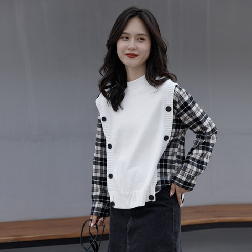 SU 가짜 두 조각 격자 무늬 스티치 긴팔 셔츠 여성 봄과 가을 디자인 감각 틈새 작은 레트로 프랑스어 스타일 세련된 셔츠