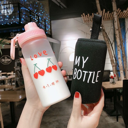 [LM] 500ml 플라스틱 물병 투명/반투명 병 귀여운 물병 카톤 딸기 물병 전화 스탠드 휴대용, 14_500ml