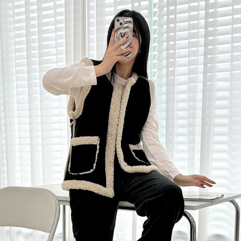 카멜 겨울 양털 무스탕 조끼