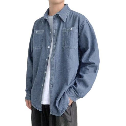 ANKRIC 카우보이 긴팔 셔츠 남성 봄과 가을 조수 남성 옷깃 셔츠 코트 일본 하라주쿠 캐주얼 재킷 남성와이셔츠
