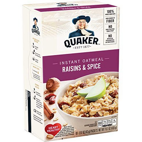 Quaker 퀘이커 인스턴트 오트밀 건포도 스파이스 43g x 10팩 귀리 시리얼 Oatmeal, 10개