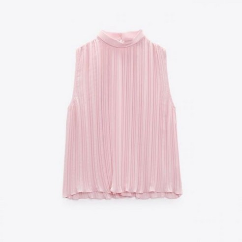 플리츠 롱 블라우스 반팔 PB 스탠드 칼라 민소매 루즈핏 쉬폰 셔츠 핑크 탑 9878105