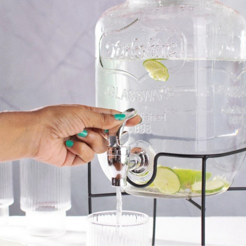 국민 카페물병 수도꼭지 워터 디스펜서 4L/5L/8L 업소용 투명글라스 음료 담금주 미니정수기 음료 쥬스 디스펜서+받침대, 8L 유리물병 디스펜서