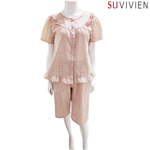 비비안 수비비안 25SS 여성 면잠옷: 섬세한 체크와 프릴의 조화가 선사하는 포근한 휴식 비비안여성잠옷