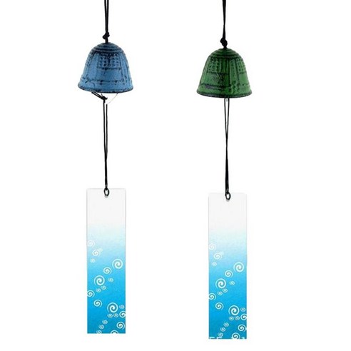 2pcs 주철 벨 금속 바람 종소리 일본 사원 매달려 홈 장식 (블루 & 그린), 멀티 컬러, 설명