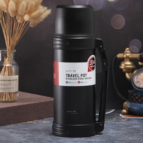 ZZJJC 304 스테인리스 보온병 스포츠 차량용 대용량 여행포트 기프트, 1800ml, 요석흑
