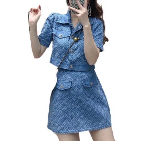 여자 여름 데님 세트 데님 하프코트+a라인 스커트 투피스