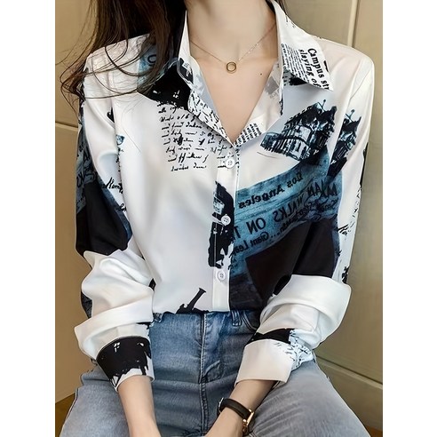 그래픽 프린트 버튼 프론트 셔츠 캐주얼 롱 슬리브 라펠 셔츠 여성 의류 TTSD89F56 헤리티지플로스 그래픽 프린트 버튼 프론트 셔츠 캐주얼 롱 슬리브 라펠 셔츠 여성 의류 TTSD89F56 헤리티지플로스
