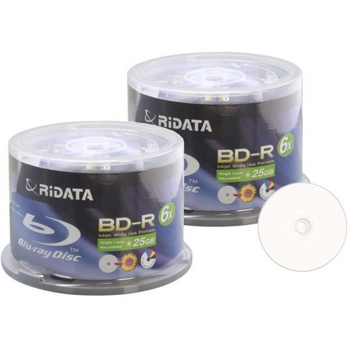 100팩 Ridata 6X BDR 25GB 단층 블루 블루레이 화이트 잉크젯 허브 인쇄 한 기록 빈 미디어 디스크 스핀들 패킹 포함