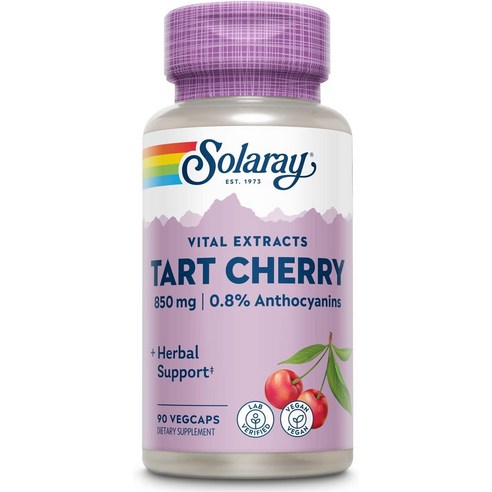 Solaray 타트 체리 과일 추출물 425mg | 항산화제와 안토시아닌이 함유되어 건강한 요산 수치 지원 | 비 GMO 및 완전채식 | 베지캡슐 90개, 1개, 90정