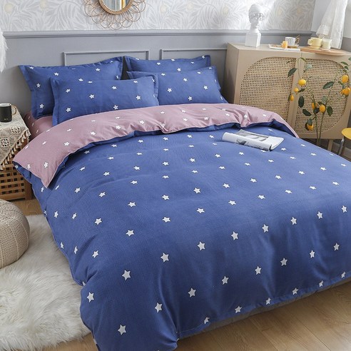 심플한 순면 마모 4종 세트 두꺼운 소형 싱그러운 침대 시트 이불 세트 기숙사 3종 세트 침대용품, 푸른 별