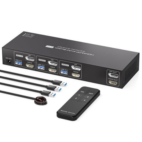 HDMI+Displayport KVM Switch 2 모니터 3 대 컴퓨터 4K@60Hz KVM 스위치 듀얼 모니터 DP KVM 스위치 3 대 컴퓨터 공유용 모니터 2 개 및, HDMI Displayport KVM Switch 2