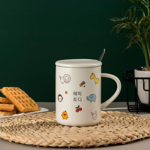 만화 도자기 컵 공룡 도안 테이프 뚜껑 머그컵 귀엽다 싱그러운 부조 컵 찍다 광고, HAPPY [도자기 뚜껑+스테인리스 스푼], 401-500ml