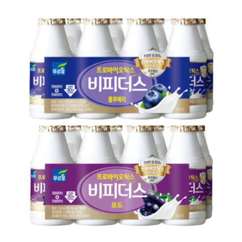 푸르밀 비피더스 130ml 블루베리 16개+포도 16개(총32개), 단품