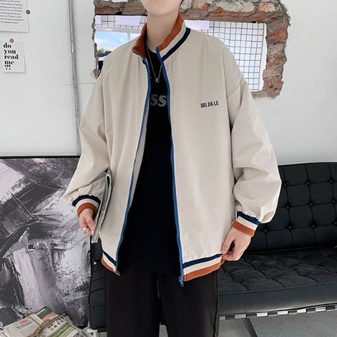 남자 루즈핏 점퍼 컬러 라인 노카라 집업 자켓