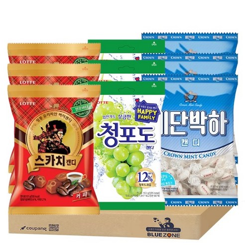 블루존 대용량 캔디 3종세트(청포도153g x 3+스카치커피157g x 3+비단박하140g x 3)