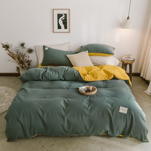 Soft Object 심플 워싱 면 4피스 맷돌 침대 시트 이불 커버 숙소 가정용 침구 3피스, 과록색+살구 노란색