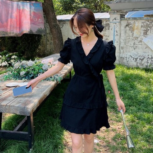 윤스어게인 여성 여름 브이넥 반팔 퍼프소매 프릴 하객 원피스