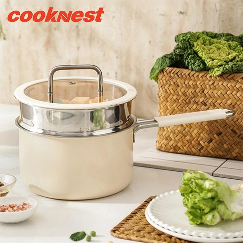 Cooknest 인덕션 316스텐 냄비 이유식 편수냄비 찜냄비, 1개, 오프 화이트, 18cm