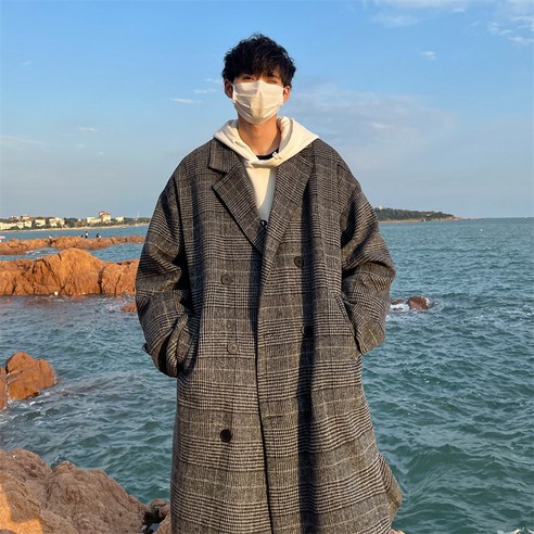 SU 모직 코트 남자 가을 겨울 한국 스타일 유행 고급 중간 길이 재킷 복고풍 격자 무늬 세련된 캐주얼 코트