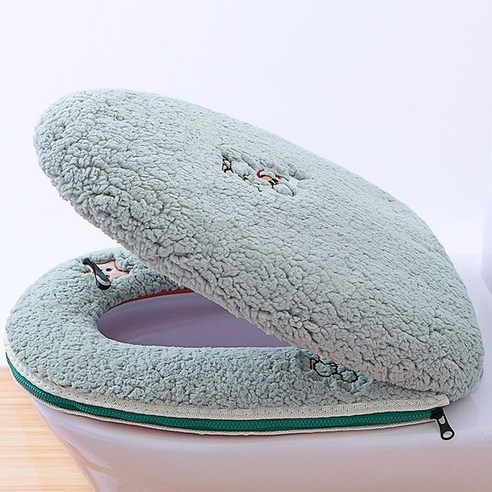 커버 방수 보편적 인 두꺼운 변기 쿠션, 양고기 벨벳 녹색 지퍼_세트（화장실 매트+