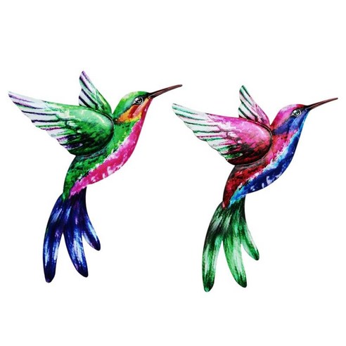 2 조각 Hummingbird 벽 장식 장식 매달려 실내 거실 마당, 그린+퍼플, 철