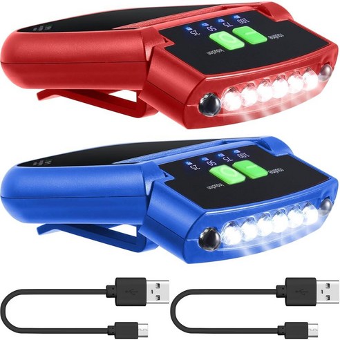 Mudder 2피스 LED 클립 온 캡 조명 USB 충전식 캡 손전등 클립 방수 울트라 브라이트 모자 손전등 헤드램프 크리스마스 낚시 캠핑 수작업용 (블랙 레드), 블루, 레드, 블루, 레드