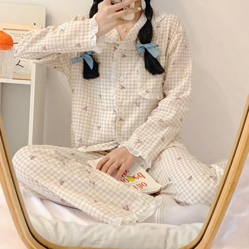 Cocoli 달콤한 체리 격자 무늬 잠옷 여성용 긴팔 바지 홈 서비스 상하 양복