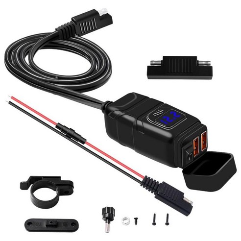 12V 오토바이 핸들 바 듀얼 USB 충전기 어댑터 QC 3.0(전화 태블릿 GPS용 전압계 포함), 파란색, 3 x3.3 x 6cm, ABS