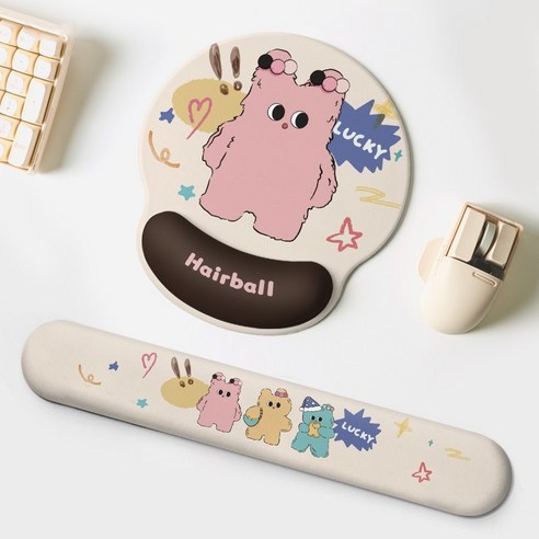 밀크 원단 손목 보호대 마우스패드 다장면 PU 미끄럼 방지 손받침대, 1개, 핑크인형 세트