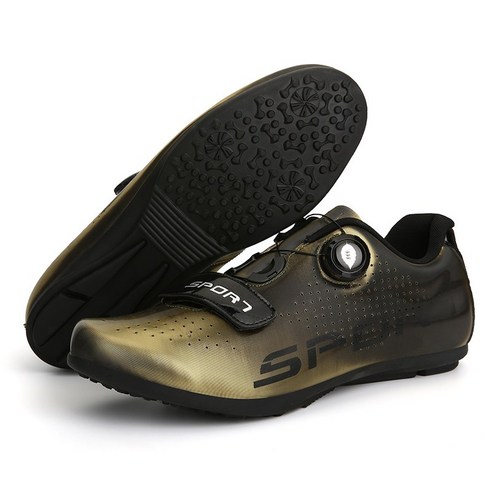 남성용 사이클링 스니커즈 플랫 슈즈 클리트 잠금식 산악 자전거 신발 여성용 로드 사이클링 신발 MTB 스피드 스니커즈, 40(250mm), 블랙 골드 3
