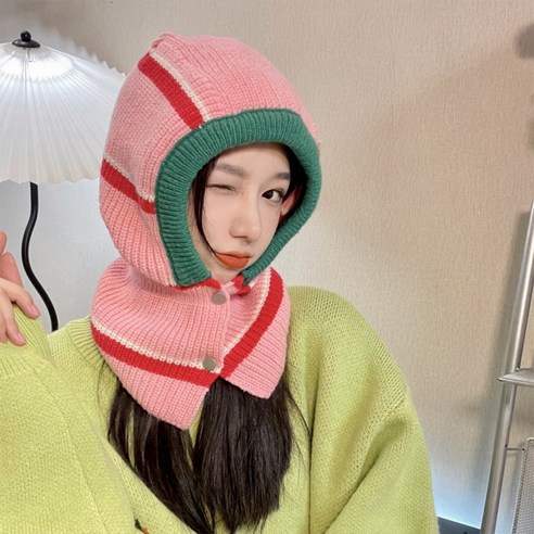 주디앤 단가라 배색 스트라이프 니트 바라클라바, 핑크