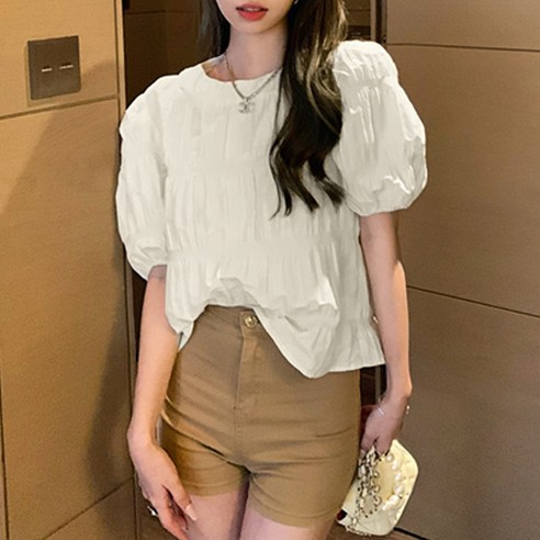 메이킹유 소매 퍼프 셔링 8612리베스블라우스