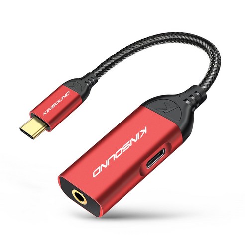 Kinsound Type USB C to 3.5mm 어댑터 2-in-1 일반 C 오디오 AUX + C타입 분배기 어댑터 급속 충전 변환기 이어폰 헤드폰 잭 고해상도 DAC칩 갤럭시, Red