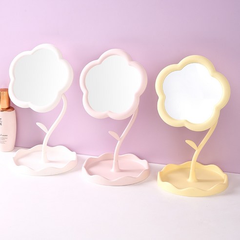 비지블비 360도 회전 액세서리 수납 메이크업 탁상 꽃 거울, 핑크
