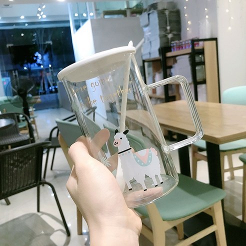 DFMEI 캐릭터 대용량 유리잔 뚜껑 스푼 남녀 아침 우유 시리얼 오피스 홈컵, DFMEI 알파카 ''도자기 뚜껑+빨대''